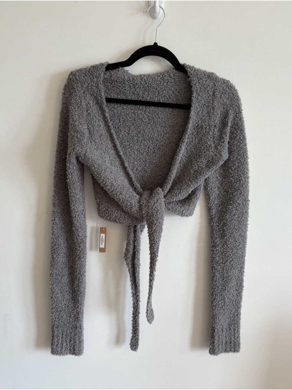SKIMS Gray Tie-Front V-Neck Cropped Sweater S/M